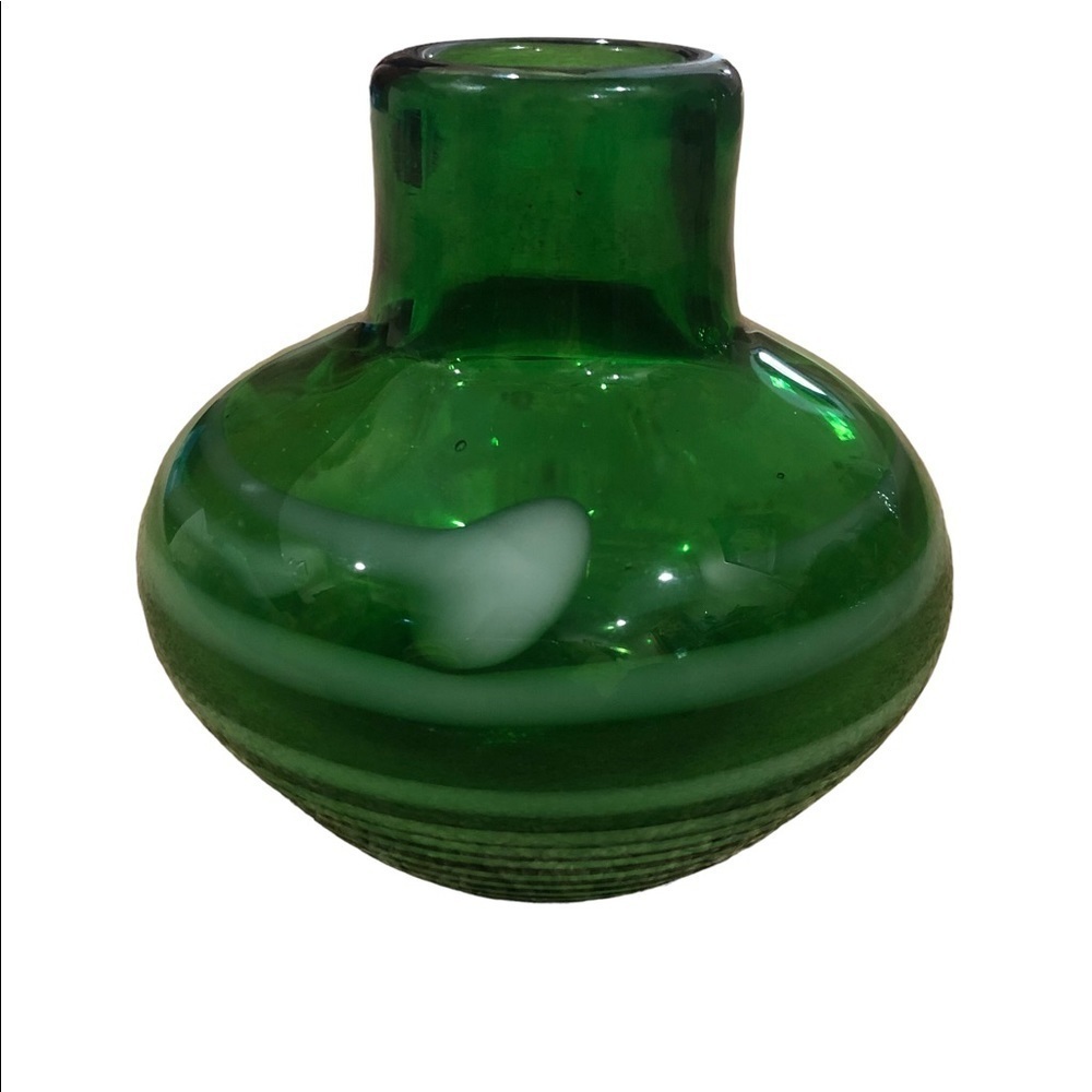 ART Glass/ Green Glass Vase / flat bottom / White swirls all the way around